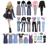 18 vestiti per bambole compatibili con Barbie, include elegante set di colletto in pelliccia di jeans, set di migliaia di uccellini a quadri, set di cappotto in peluche, set sportivo per la casa, set