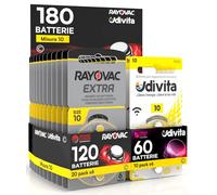 180 Batterie per Apparecchi Acustici Misura 10 PR70 Gialle Zinco-Aria Phono Pulse Technology in 30 Blister da 6 Pile - 180 Batterie: 120 Rayovac + 60 Udivita