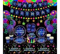 180 Pack Glow Party Accessories Neon Party Set di stoviglie Neon Ballon Glow in the Dark Happy Birthday Piatto Banner Hanging Stars Cake Toppers Tovaglioli tazze per feste a luce nera per 20 persone.