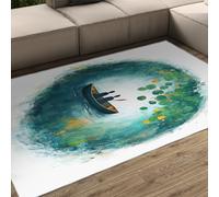 180x240cm Tappeto Coppia in Canoa Lago Ninfee Verde Petrolio Lavabile | Increspatture ad acquerello Antiscivolo Tappeto a pelo basso Serene Nature Art Tappeto morbido per soggiorno
