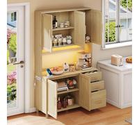 183 cm, buffet, luci decorative a LED controllate da app, 2 USB, 2 prese, ripiani regolabili, 3 cassetti, maniglie in metallo dorato, ideale per cucine e sala da pranzo (naturale)