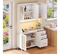 183 cm, buffet, luci decorative a LED controllate da app, 2 USB, 2 prese, ripiani regolabili, 3 cassetti, maniglie in metallo dorato, ideale per cucine e sala da pranzo (bianco)