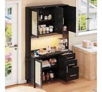 183 cm cucina buffet, luci decorative a LED controllate app, 2 x USB, 2 x prese, ripiani regolabili, 3 cassetti, maniglie in metallo dorato, ideale per cucine e sala da pranzo. (nero)