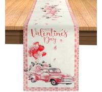 183 x 33 cm Runner Tavola di San Valentino, Happy Valentine's Day Tovaglia Lino Design Forma Camion Palloncini Rosa Decorazione Tavola Romantica per Festa Anniversario Matrimonio