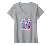 19 & One of a Kind Compleanno Celebrazione Maglietta con Collo a V, Donna, Grigio Melange, S