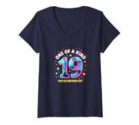 19 & One of a Kind Compleanno Celebrazione Maglietta con Collo a V, Donna, Navy, S