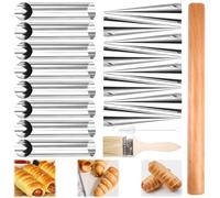 19 Pezzi Cannoli Stampi in Acciaio Inox 8 Coni e 8 Tubi Croissant Stampi Pasticceria Professionali con Matterello in Legno Spazzola e Spazzola, Lavabile in Lavastoviglie Perfetti per Cornetti e Dolci