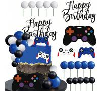 19 pezzi o 1 pezzo Decorazioni per torta a tema videogiochi, decorazioni per feste di compleanno a tema videogiochi, mini modello di console da gioco e palline di schiuma blu, nere e bianche come deco
