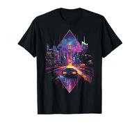 1980s 1990s Retrowave Aesthetic: Retro Car And City Skyline Maglietta