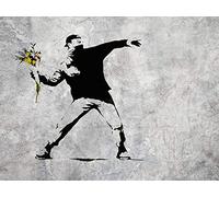 1art1 Banksy Poster Stampa Artistica su Tela Il Lanciatore di Fiori, Graffiti Arte di Strada Quadro da Parete sulla Barella | Murale XXL | Immagine 80x60 cm