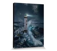 1art1 Fari Poster Stampa Artistica su Tela Faro nella Tempesta al Chiaro di Luna Quadro da Parete sulla Barella | Murale XXL | Immagine 80x60 cm
