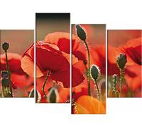 1art1 Papaveri Poster Stampa Artistica su Tela Papaveri Rossi, Fiori E Boccioli, 4 Parti Quadro da Parete sulla Barella | Murale XXL | Immagine 120x80 cm