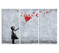 1art1 Ragazze Poster Stampa Artistica su Tela Ragazza con Palloncino Rosso di Farfalle, Style Banksy, 3 Parti Quadro da Parete sulla Barella | Murale XXL | Immagine 120x80 cm