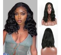 1b#Black Curly Front Side Part Short Natural Black Front Loose Ondulato Naturale Linea dei capelli naturale resistente al calore sintetico pieno morbido per le donne Drag 35,6 cm