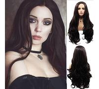 1B Parrucche frontali in pizzo nero for donna Ricci lunghi dall'aspetto realistico Parte laterale Parrucca sintetica Fibra di calore Parrucca in pizzo nero puro 150 Densità Cosplay Ammina Uso quotidia