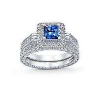 1Ct Quadrato Simulato Zaffiro Blu Solitario Cubic Zirconia Brillante Principessa Tagliare Aureola Aaa CZ Pave Milgrain Eternity Band Anniversary Engagement Wedding Ring Set .925 Sterling Silver