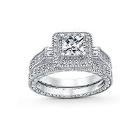 1Ct Square Solitaire Cubic Zirconia Brilliant Princess Cut Halo Aaa CZ Pave Milgrain Eternity Band Anniversary Engagement Wedding Ring Set Per Donne .925 Sterling Silver