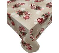 1KDreams Tovaglia Natalizia. Palline di Natale, Agrifoglio e Fiocchi di Neve. Fili effetto Oro. Lurex. Tovaglia da Tavola Moderna Shabby Chic (Beige, 130x180 cm)