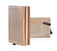 1ONESPO MAGNETIC Porta Carte di Credito Donna VERA PELLE - Portafoglio donna piccolo con Portamonete e Contanti - Porta tessere e documenti - Portacarte protezione RFID, SAFFIANO Oro