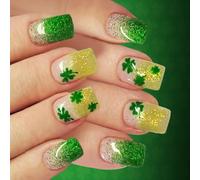 1Set Breve Unghie Artificiali Facile Indossare Spumante Verde Francese Suggerimenti Patrick Tema Multiplo Dimensioni Shamrock French Manicure Unghie