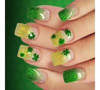 1Set Breve Unghie Artificiali Facile Indossare Spumante Verde Francese Suggerimenti Patrick Tema Multiplo Dimensioni Shamrock French Manicure Unghie