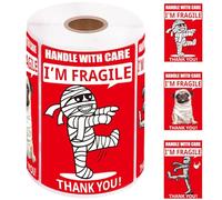 1step2dream Adesivi fragili divertenti da 10 x 15 cm per spedizioni e traslochi - 100 pezzi design mummia e cane, adesivo permanente, maniglia con etichette per la cura per scatole di imballaggio