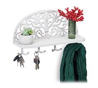 1x Appendiabiti da Parete con Mensola, Design Antico, 4 Ganci Doppi, Portaoggetti, Ghisa, 23x39x11,5 cm, Bianco