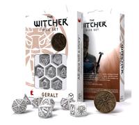 1x Set Dadi RPG Geralt White Wolf The Witcher 8pc + Moneta Q-Workshop
