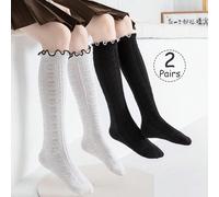 2/1 Paio di calze al ginocchio per ragazze, calze a costine con motivo a cuore per bambini, tubo dritto, colore unito nero e bianco, polsino elastico, adatte per tutte le stagioni, alla moda, versatil