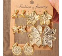 2/10 pezzi Set di orecchini a perno da donna in oro alla moda, fiore a cinque petali, coda di pesce, stella marina, conchiglia, orecchini a fiore simmetrici, adatti per l'uso quotidiano delle donne, p