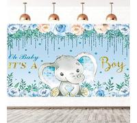 2.1x1.5m Sfondo Baby Shower Oh Baby It's A Boy Elefante acquerello blu e rosa fiori ragazzi fotografia sfondo neonato Baby Shower festa di compleanno decorazione Banner Photo Booth oggetti di scena