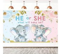 2.1x1.5m Sfondo gender reveal blu o rosa elefante fiore He or She What Will Baby Be fotografia sfondo di genere Rivelazione di partito torta decorazioni da tavolo Banner Photo Booth oggetti di scena