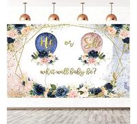 2.1x1.5m Sfondo gender reveal He or She What Will Baby Be blu navy Blush rosa sfondo fotografico floreale Rivelazione di genere Partito torta decorazioni da tavolo Banner Photo Booth Props