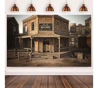 2.1x1.5m Sfondo Western Cowboy Wild West Saloon Legno Architettura Edificio in legno vintage Fienile Banca Fotografia Sfondo Baby Shower Compleanno Decorazioni Viaggio Ritratto Photo Booth Puntelli