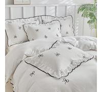 2/3 pezzi Set copripiumino in microfibra lavata con volant e fiocco bianco ricamato, set biancheria da letto moderno e carino adatto a tutte le stagioni, copripiumino stile vintage chic, morbido e tra