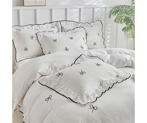 2/3 pezzi Set copripiumino in microfibra lavata con volant e fiocco bianco ricamato, set biancheria da letto moderno e carino adatto a tutte le stagioni, copripiumino stile vintage chic, morbido e tra