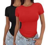 2/3 Set T-Shirt Top Manica Corta Donna Basic Slim Fit Tunica Girocollo Y2K Top Tinta Unita Chic Elegante Top Casual Stretch Aderente Estate Basic Casual Club Party Steetwear Crop Tops, 01 h, XS