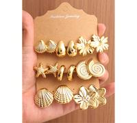 2/4/6/16 pezzi Set di orecchini alla moda, fiore a cinque petali esagerato e oversize, stelle marine, conchiglie, gocce d'acqua, orecchini a forma di C, adatti per uso quotidiano e vacanze, realizzati