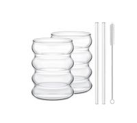 2/4 pezzi bicchieri for bevande a forma di onda con cannucce, bicchieri in vetro vintage, bicchieri ondulati for vino, champagne, latte, caffè(2PCS With straw)