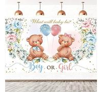 2.4x1.8m Sfondo gender reveal Orso Boy or Girl What Will Baby Be Blush rosa blu floreale sfondo fotografico Rivelazione di genere Partito torta decorazioni da tavolo Banner Photo Booth Props