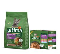 2.5 kg / 3 kg Ultima Cat Crocchette per gatto + umido gratis! - 2,5 kg Sterilized Salmone & Orzo + 8 x 85 g Sterilized Mix I (Pollo, Tacchino, Salmone, Trota)