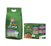 2.5 kg / 3 kg Ultima Cat Crocchette per gatto + umido gratis! - 3 kg Sterilized Salmone & Orzo + 8 x 85 g Sterilized Mix I (Pollo, Tacchino, Salmone, Trota)