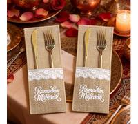 2/5 pezzi Set di borse in juta e pizzo per posate Ramadan Mubarak, borse per conservare coltello, forchetta e cucchiaio per la tavola di Ramadan, borse stile vintage per riporre la posateria, decorazi