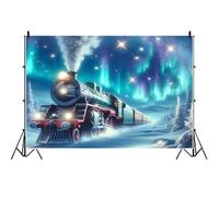 2.7x1.8m Sfondo invernale con scena innevata, treni in corsa, cielo stellato, sfondo per foto di compleanno, paese delle meraviglie da sogno, paese innevato, bambini, adulti, ritratto