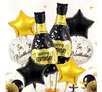 2/8 pezzi Set di palloncini neri e dorati per il compleanno, include bottiglia "Buon Compleanno", palloncini rotondi "Buon Compleanno" e palloncini a forma di stella neri e dorati, adatto per decorazi