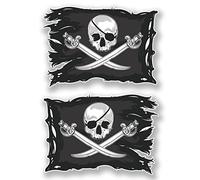 2 adesivi in vinile con teschio Jolly Roger da 10 cm di larghezza x 7 cm di altezza.
