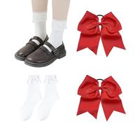 2 Anelli Di Peli Arco Rossi, 1 Paio Di Calzini Bianchi, Elastico Elastico Streamer, Accessori Per Capelli Alla Moda Per Ragazze, Accessori Per Abbigliamento.