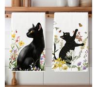 2 asciugamani da cucina a tema gatto con design "Giudica silenziosamente il tuo Miao" in stile country, in bianco e nero ad acquerello, adatti agli amanti dei gatti, per asciugare i piatti in cucina, 