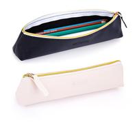 2 astucci in pelle, piccoli, in poliuretano, portatili, per il trucco, da viaggio, per l'inizio della scuola, ritorno a scuola, studenti, uffici, viaggi (nero, beige)