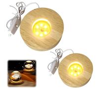 2 basi luminose a LED in legno, con presa USB per vetro acrilico, colore caldo, base rotonda, supporto per display, cristalli, vetro acrilico, gioielli in resina